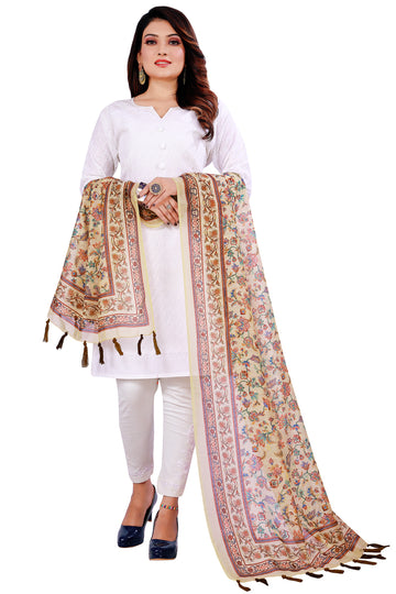 Beige Color Ethnic Floral Print Chanderi Silk Dupatta For Women